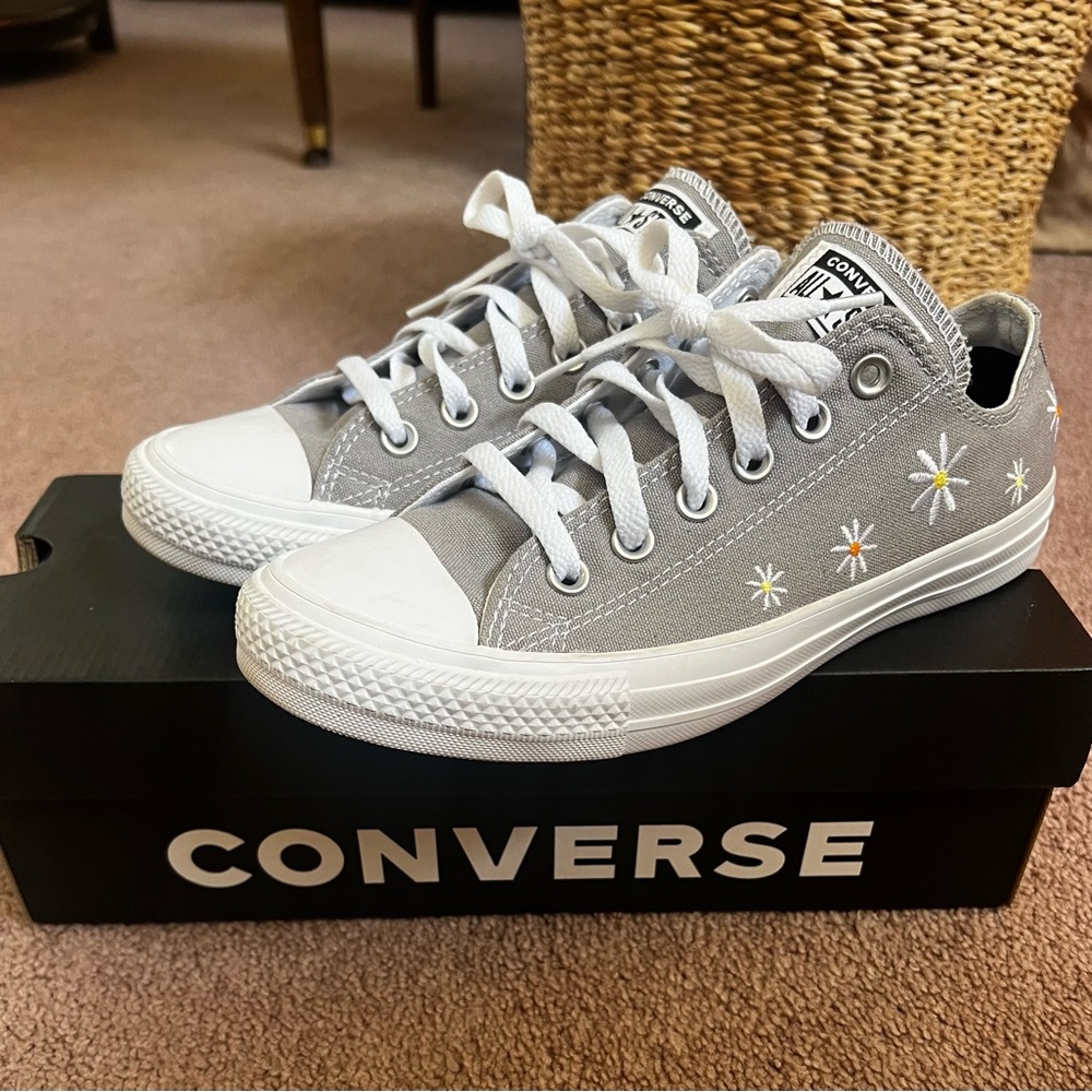 Converse Gray Low-Top Sneakers with Embroidered Flowers